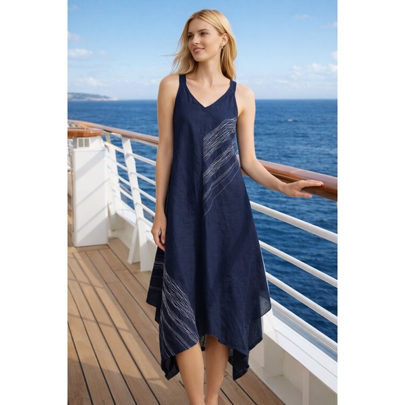 Eileen Fisher Dresses & Skirts - Eileen Fisher Irish Linen Asymmetrical Midi Dress Navy Blue Stitch Sleeveless  L